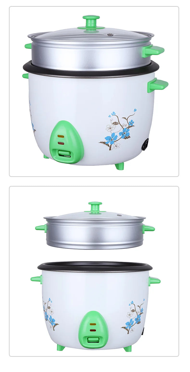 Electric mini rice cooker with white floral design, green handles, and glass lid