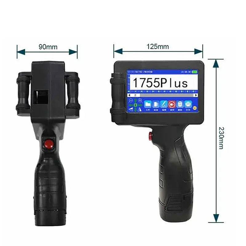 Black handheld inkjet printer with front view and size measurements