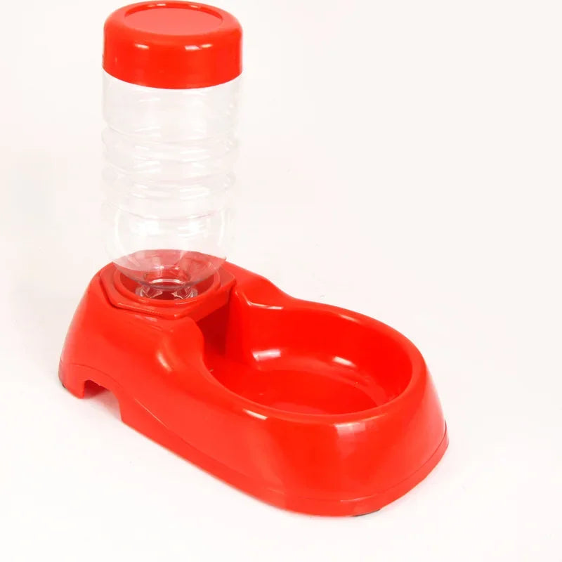 Red automatic pet water dispenser with refillable bottle for convenient cat and dog hydration.