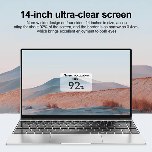 Silver 14.1-inch ultra-slim laptop with a thin-bezel display, black keyboard, and large silver trackpad.