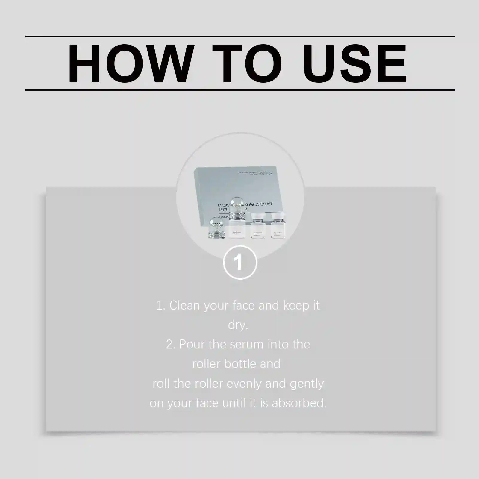 Instructional graphic for hyaluronic acid anti-wrinkle kit, showing a product box and glass serum vials.