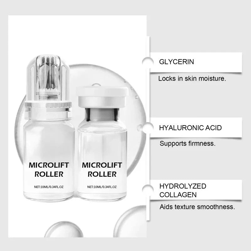 Micro Infusion Serum Kit with 0.25mm microneedle face roller and 10ml vials of hydrating collagen and hyaluronic acid.