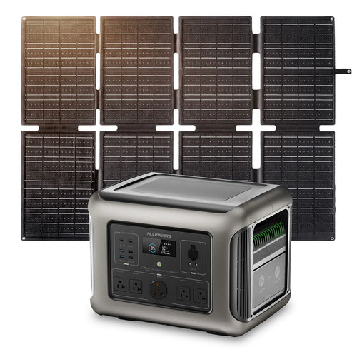 ALLPOWERS R2500 power station with a foldable solar panel featuring multiple ports, digital display, and sleek design.