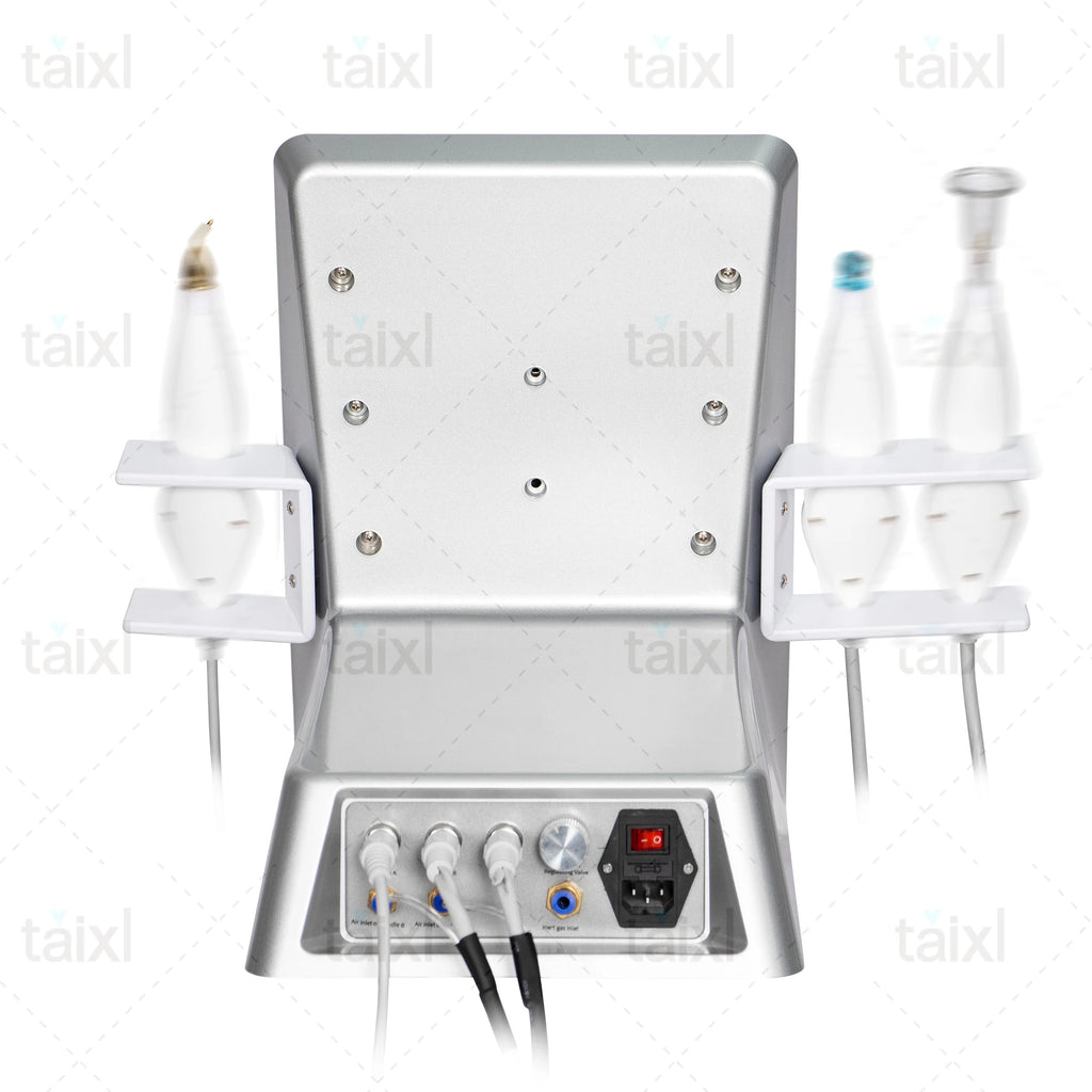 Silver facial aesthetic machine with back connection panel, power switch, and three handpiece holders for skin