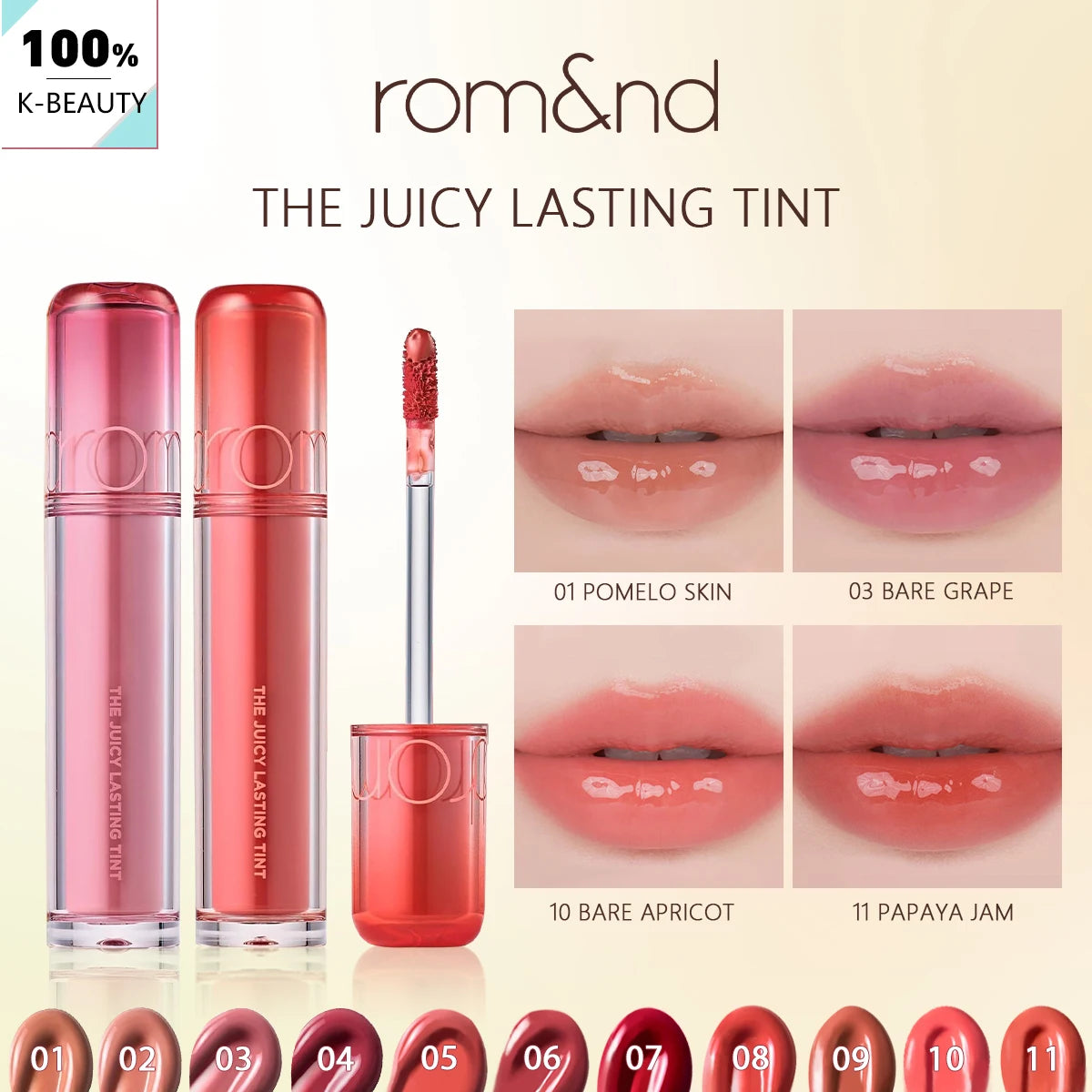 rom&nd Juicy Lasting Tint set: 11 glossy, hydrating K-beauty lip shades with high-shine, lightweight formula.
