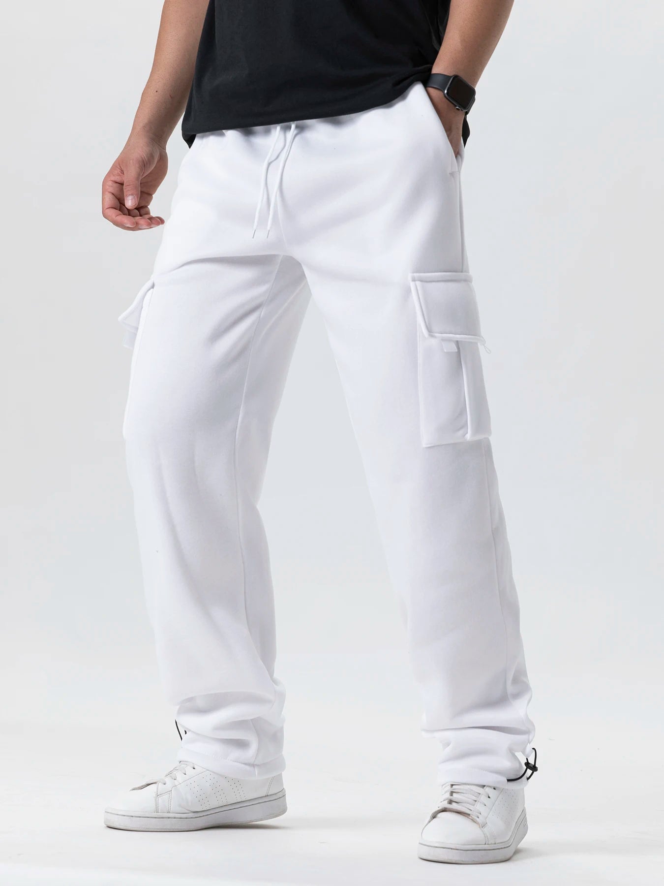 Tidesmit men's white straight-fit cargo sweatpants with large side pockets, drawstring waist, and soft jersey fabric.