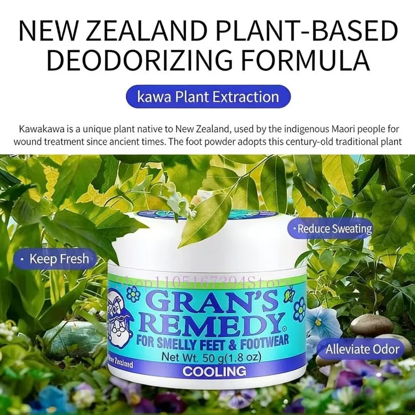 Gran's Remedy cooling foot powder jar, white container with blue label, set against lush New Zealand plant foliage.
