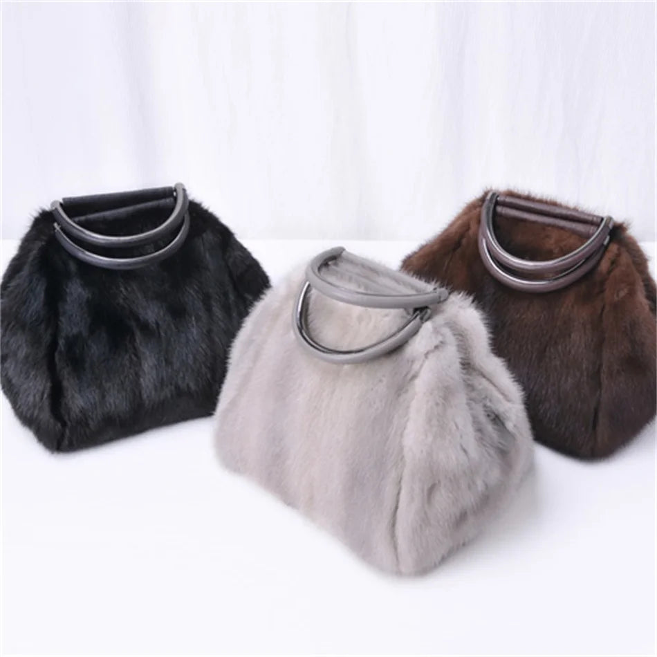 Women's Mink Fur Handbag 2026 New Fashion Designer Fluffy Fur Wrist Bag Large Capacity Soft Shopping Bag Girl Cute Handbag