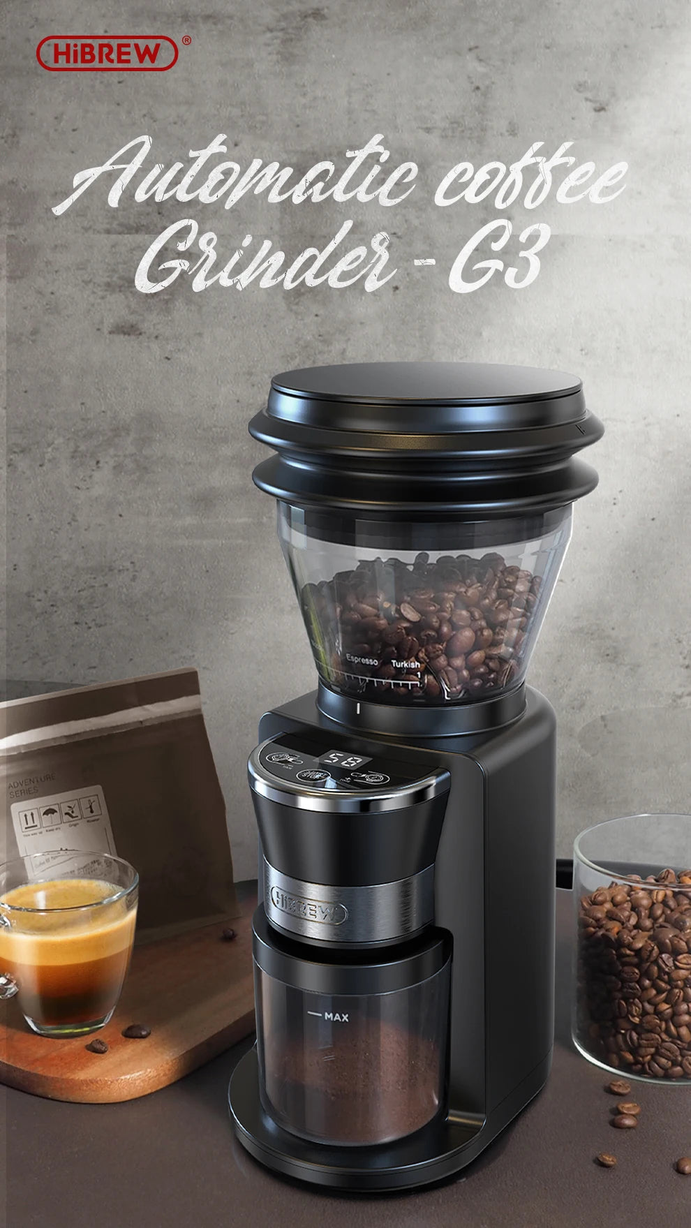HiBrew G3 automatic electric coffee grinder in black with digital display and clear bean hopper on a table.