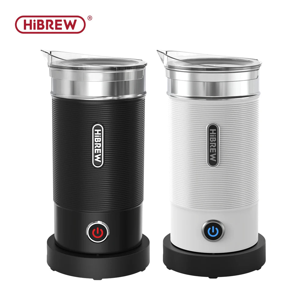 HiBREW electric milk frother set in black and white with stainless steel top and ridged cylindrical design.