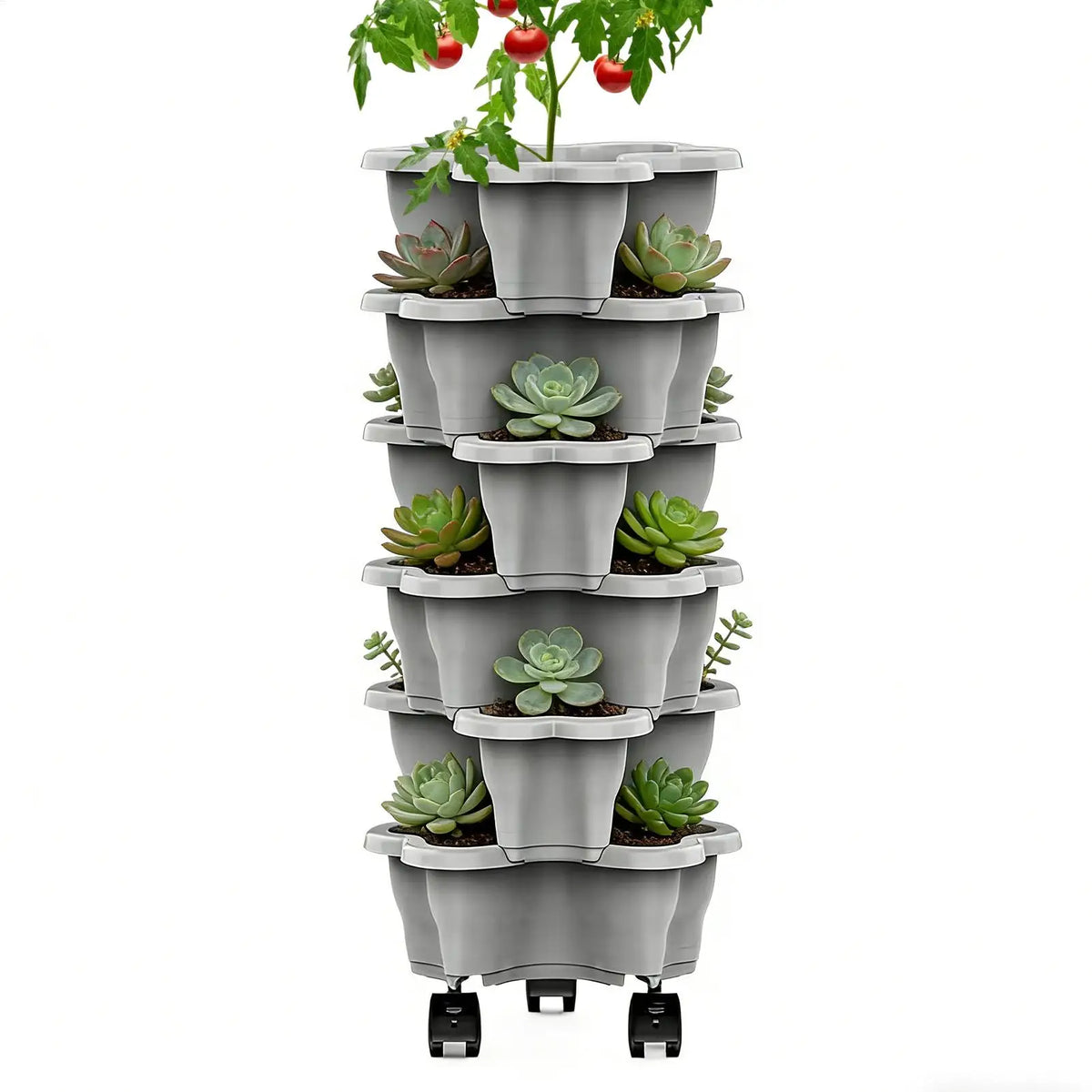 Gray plastic vertical planter tower with four tiers and wheels, holding small succulents and leaves