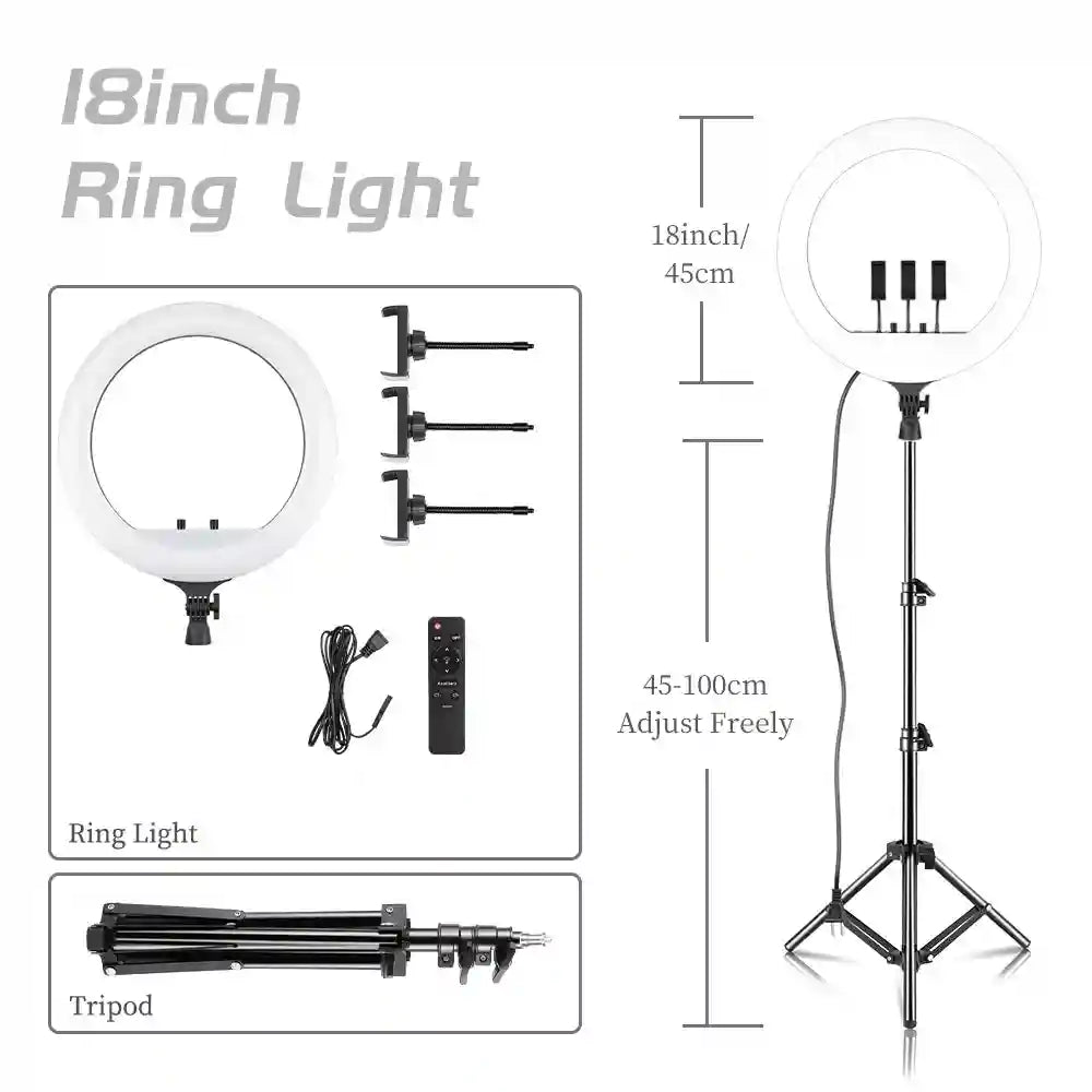 18 Inch LED Ring Light with Adjustable Tripod for Content Creation 100CM Tripod E Tidesmit