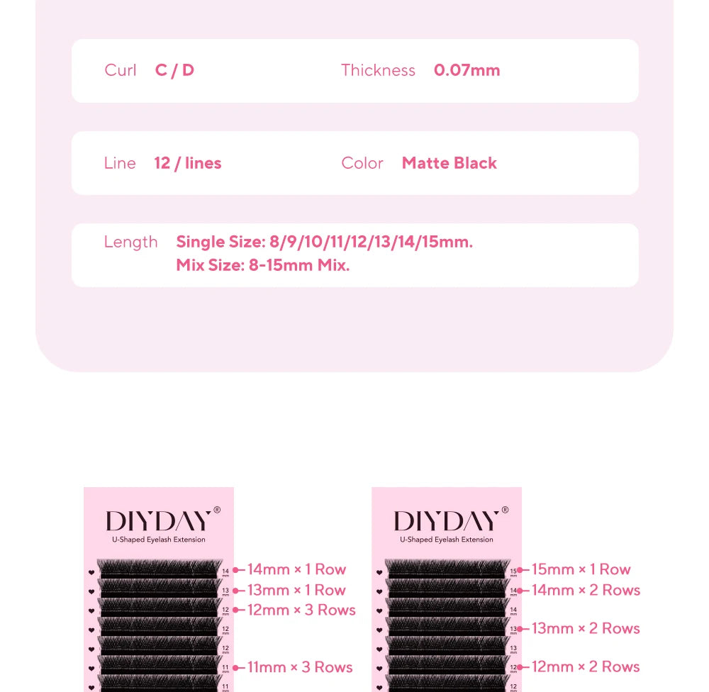 DIYDAY matte black U-shaped YY eyelash extensions, 0.07mm thickness, featuring multi-length tray configuration.