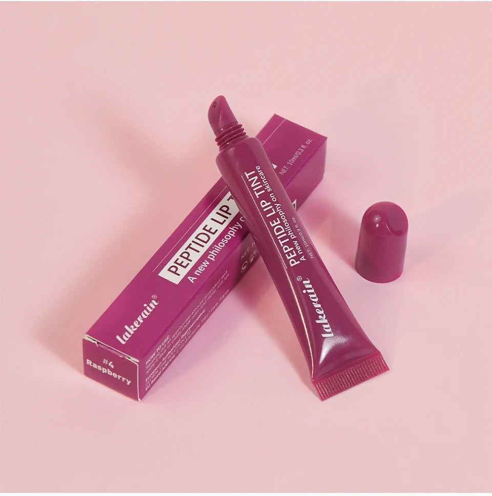 Lakerain raspberry peptide lip tint tube and box for high-shine, glossy, hydrating plumping lip makeup.