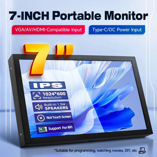 7-inch black portable IPS monitor with 1024x600 resolution, HDMI, VGA, AV, and Type-C inputs. Non-touch display.