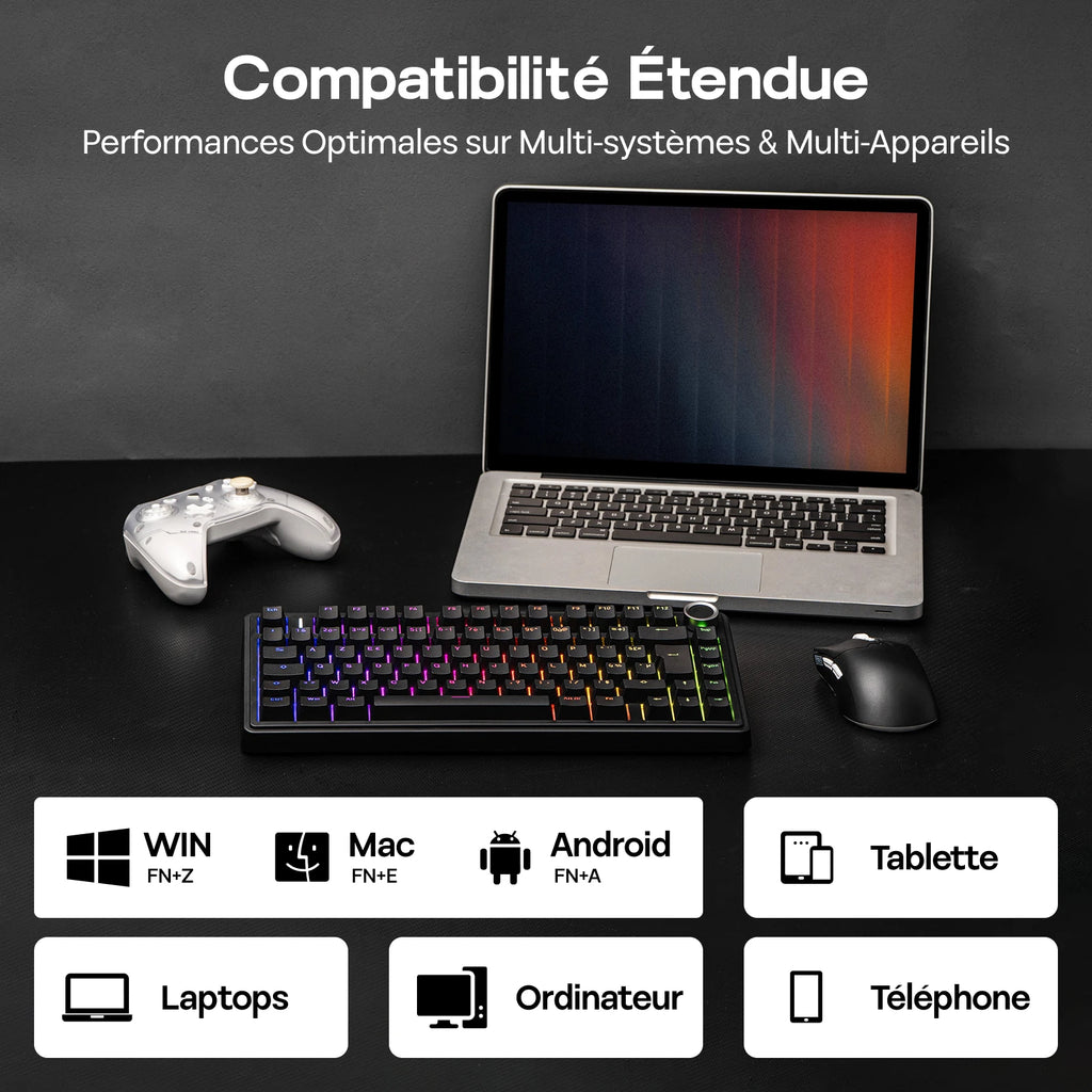 ISO-FR Layout AULA F75 75% AZERTY French Layout Wired/Bluetooth/2.4G Wireless Mechanical Gaming Keyboard RGB Backlighting 4000mAh Battery For Win/Mac