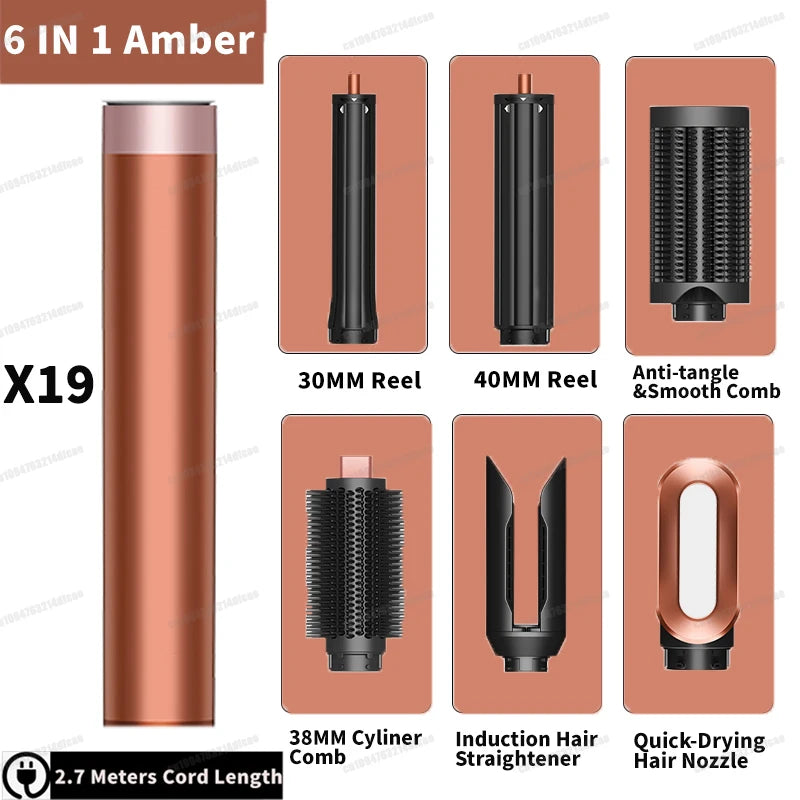 Amber 6-in-1 auto hair styler with curling barrels, smoothing combs, straightener, and dryer nozzle. Professional tool.