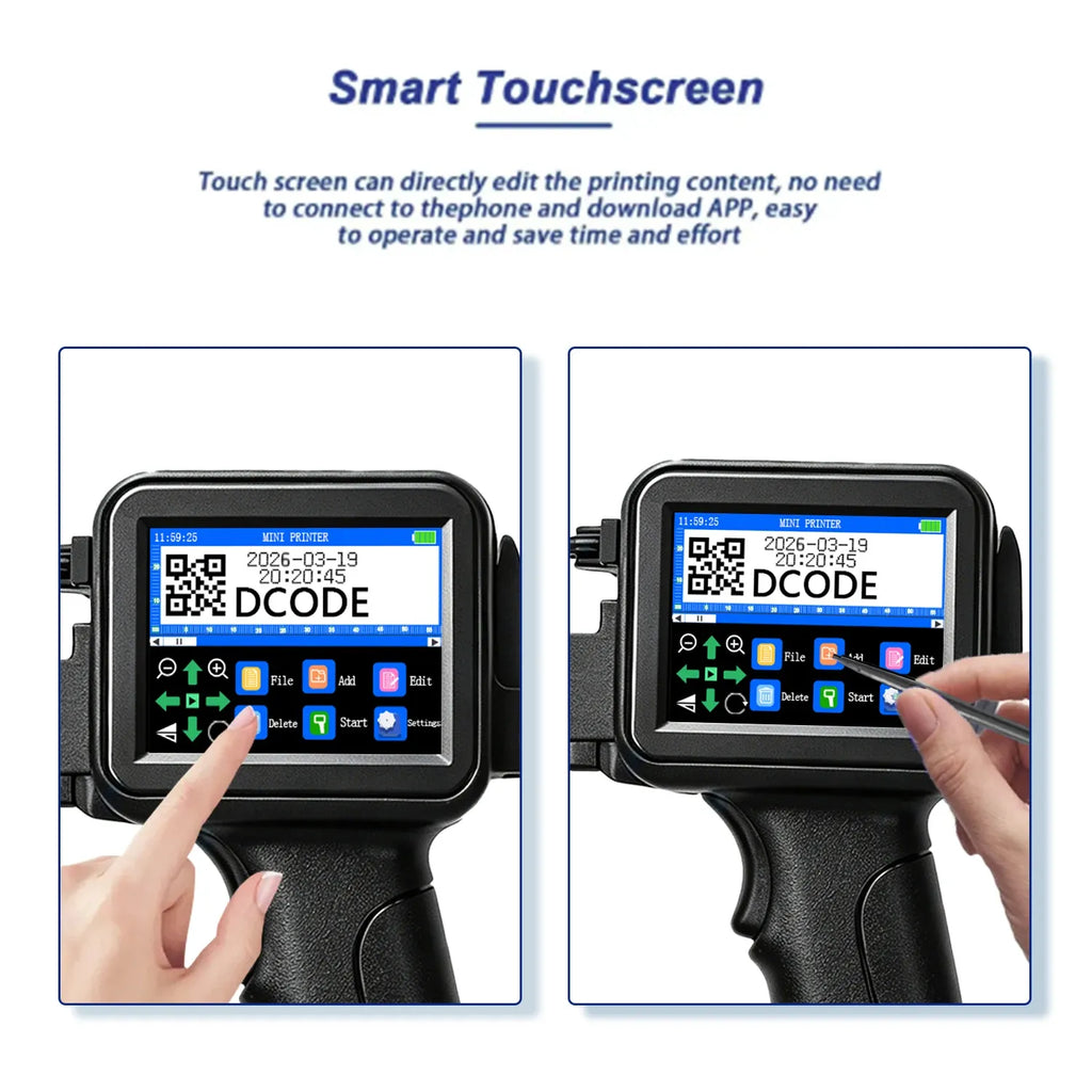 Handheld inkjet printer with smart touchscreen and finger touch to edit printing
