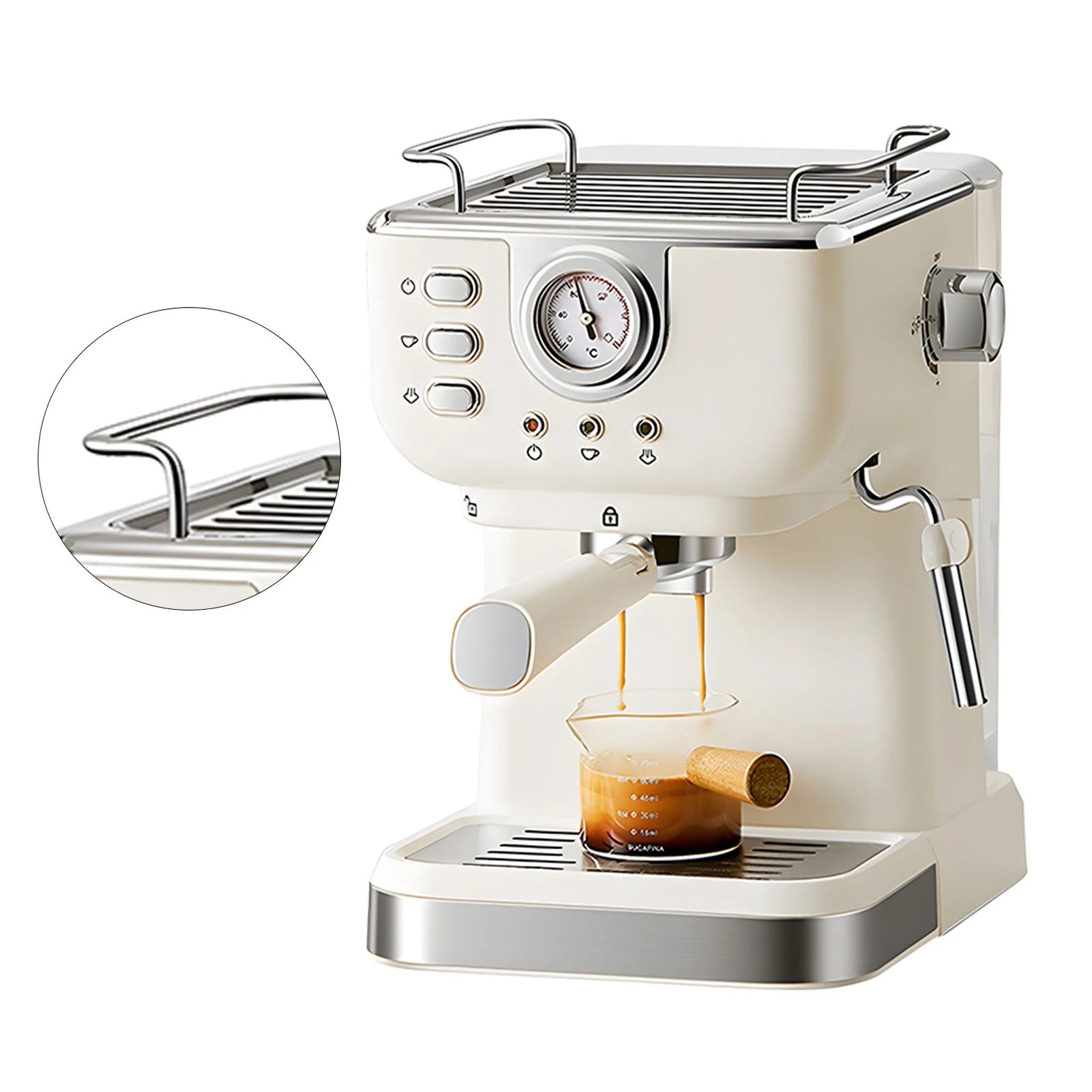 Cream vintage-style espresso machine with pressure gauge, stainless steel accents, and portafilter pulling a shot.