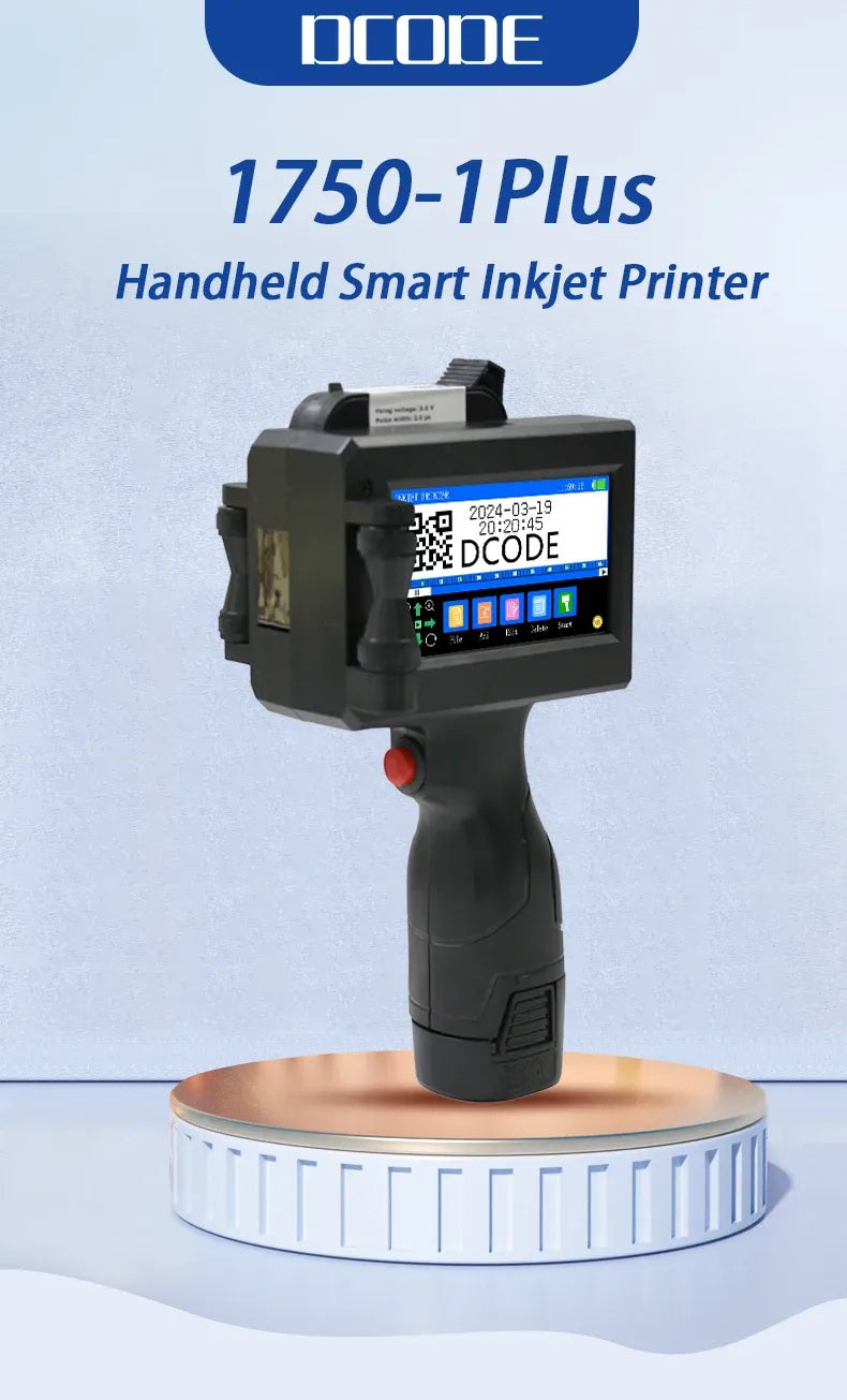 Handheld smart inkjet printer with color touchscreen and nozzle printhead, DCODE 1750-1Plus