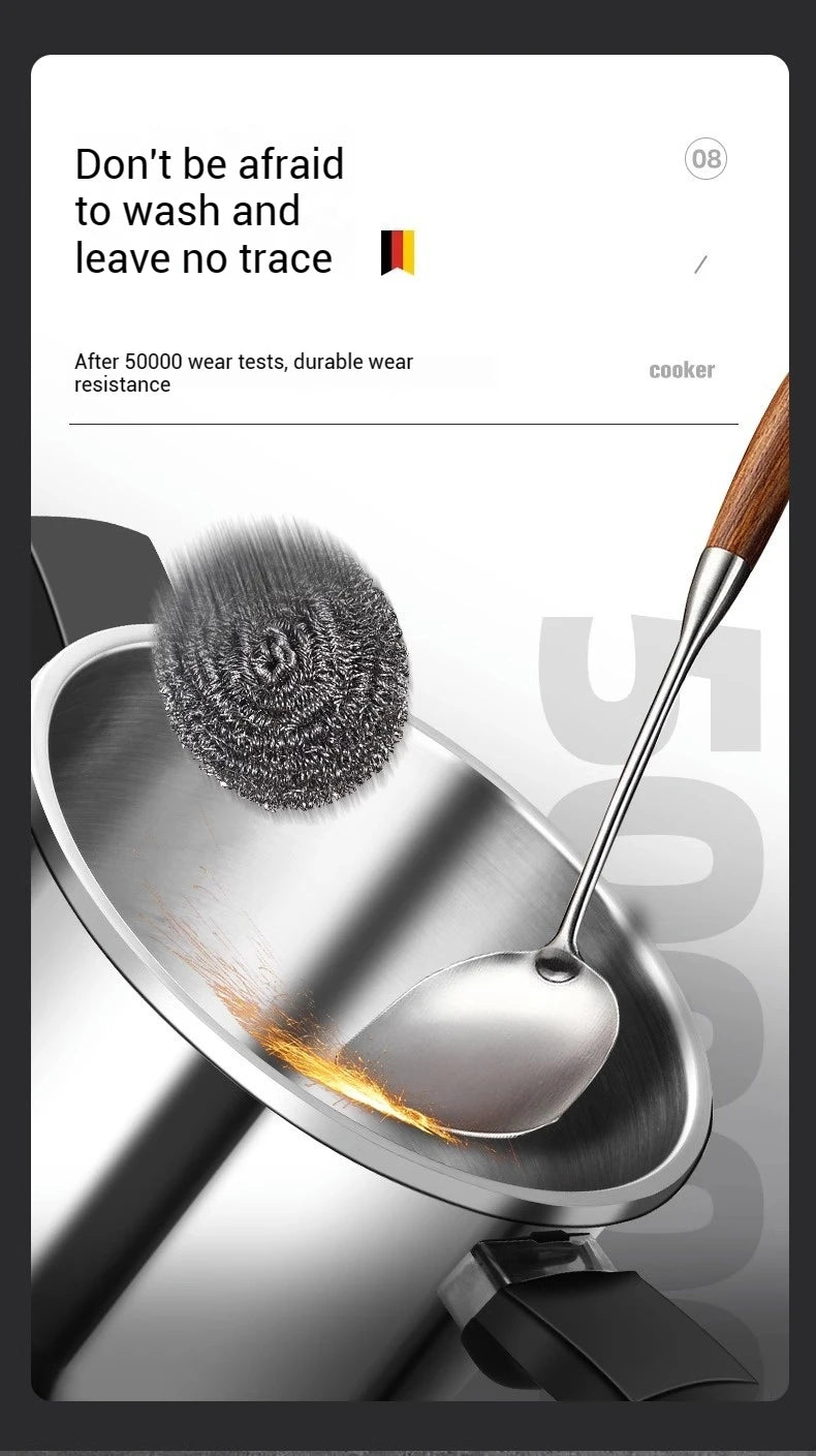 Stainless steel pressure cooker cleaned with a scouring brush for durable maintenance