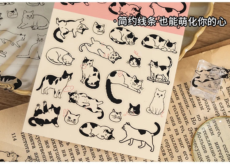 Cute cartoon cat PET stickers in black and white for DIY scrapbooking, journaling, and aesthetic craft decoration.