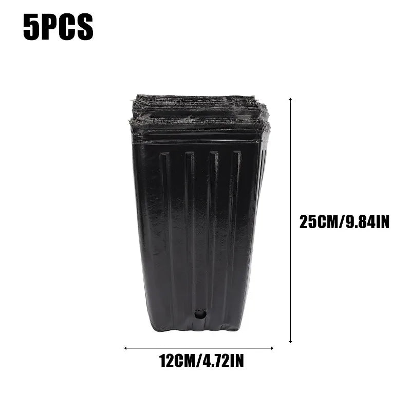 Set of 5 black plastic nursery pots, 25cm x 12cm, drainage hole bottom