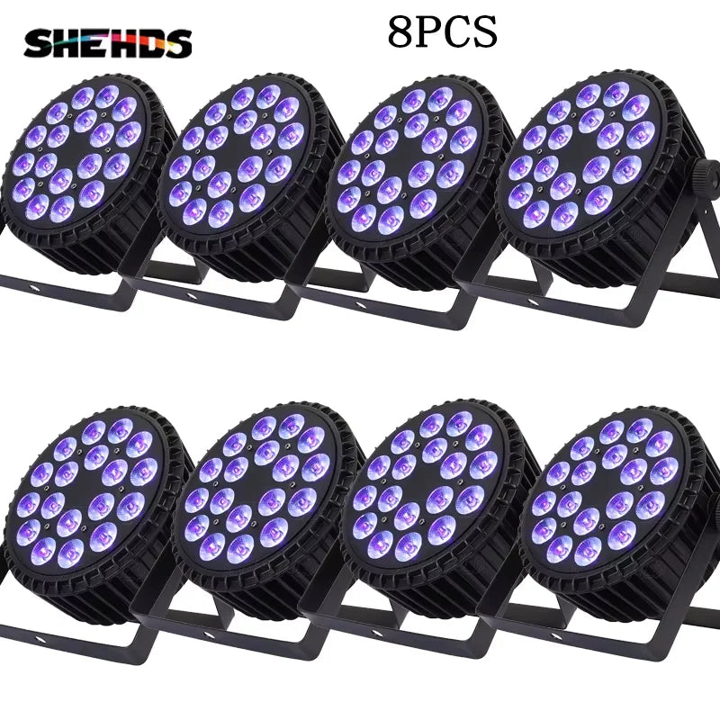 8-pack black LED flat par stage lights with circular lens arrays glowing purple