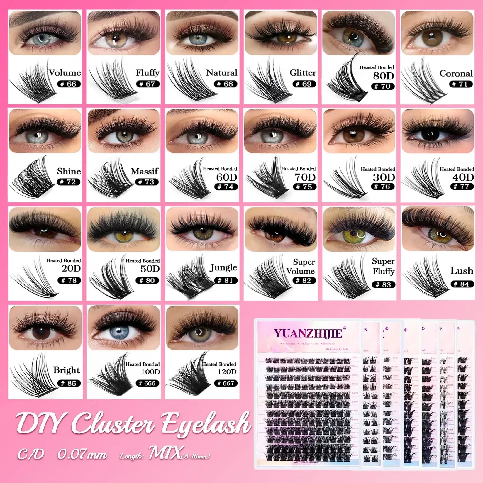 Grid showing various styles of black, 0.07mm mink cluster lashes and a tray of segmented DIY eyelash extensions.