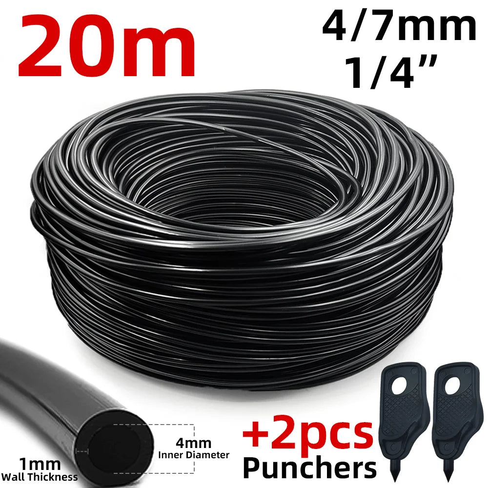 Outdoor misting hose coil kit: black tubing with 2 hole punchers, 4/7mm.