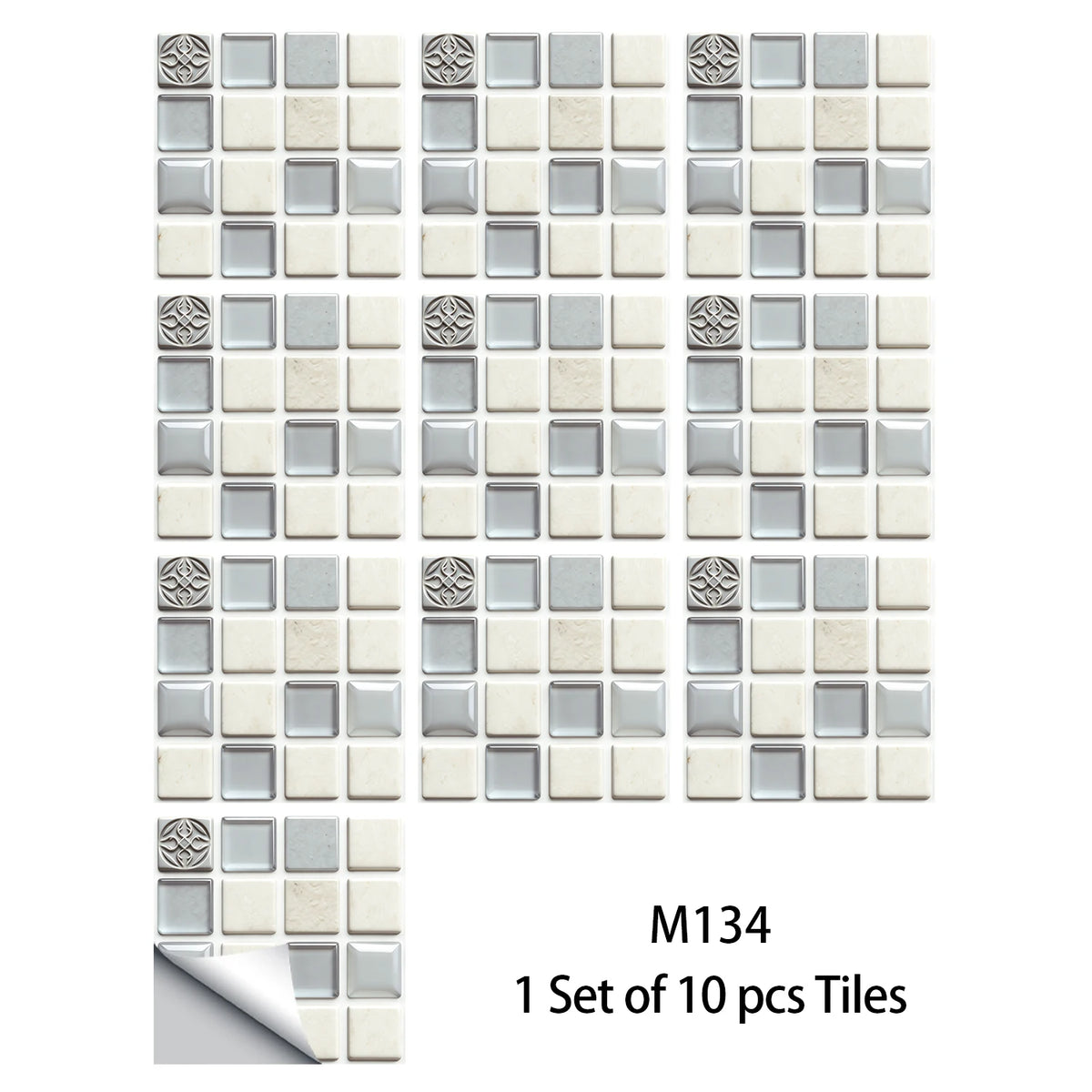 10-piece mosaic tile sticker set in cool gray and white squares with embossed accents
