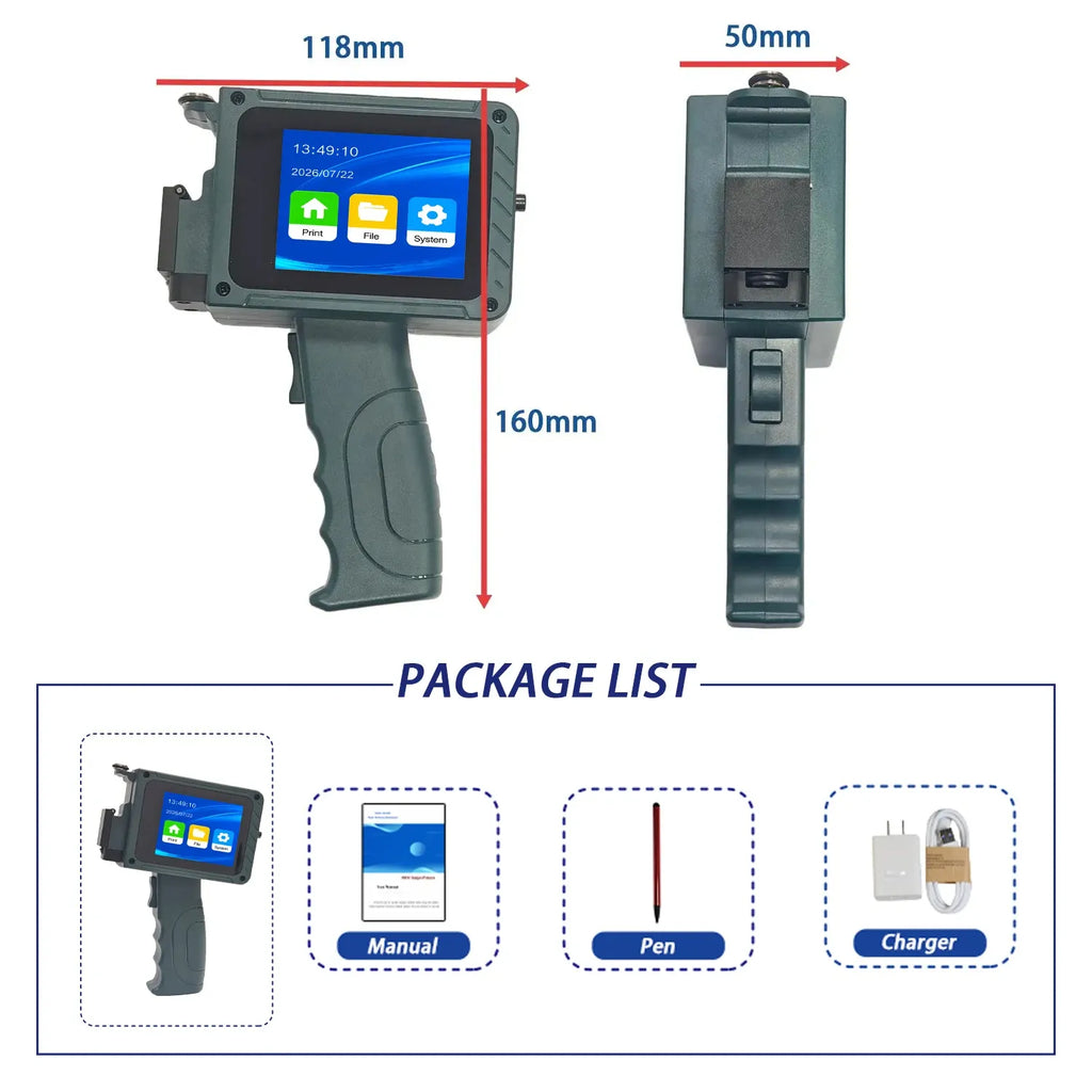 Handheld inkjet printer with measurement diagram, front and side size views