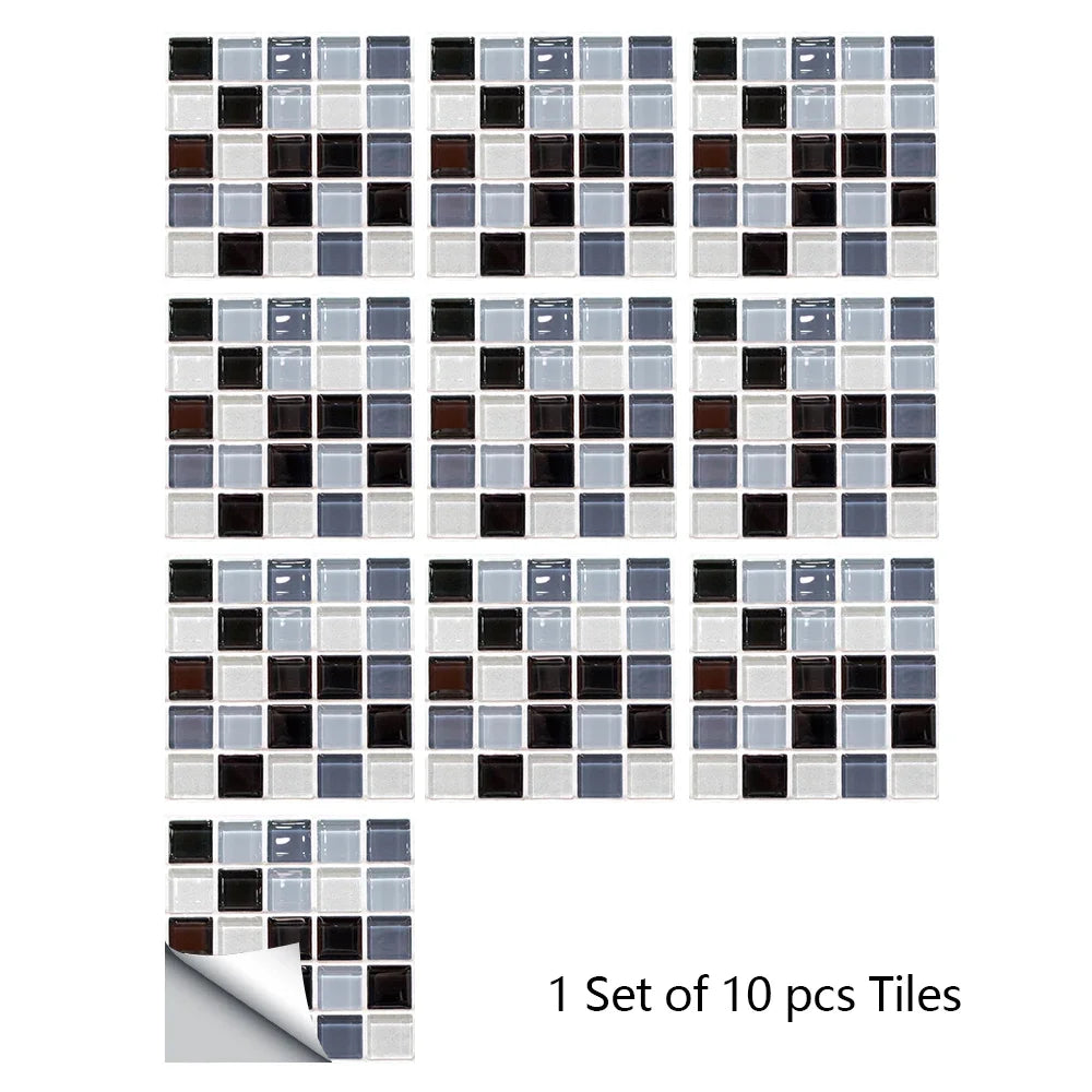 White and black mosaic tile wall sticker set with small glass squares, 10 pieces