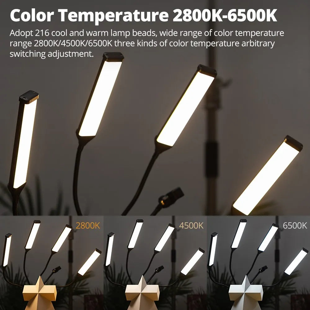 Adjustable LED light bars with black flexible arms, featuring three color temperature modes from warm to cool white.
