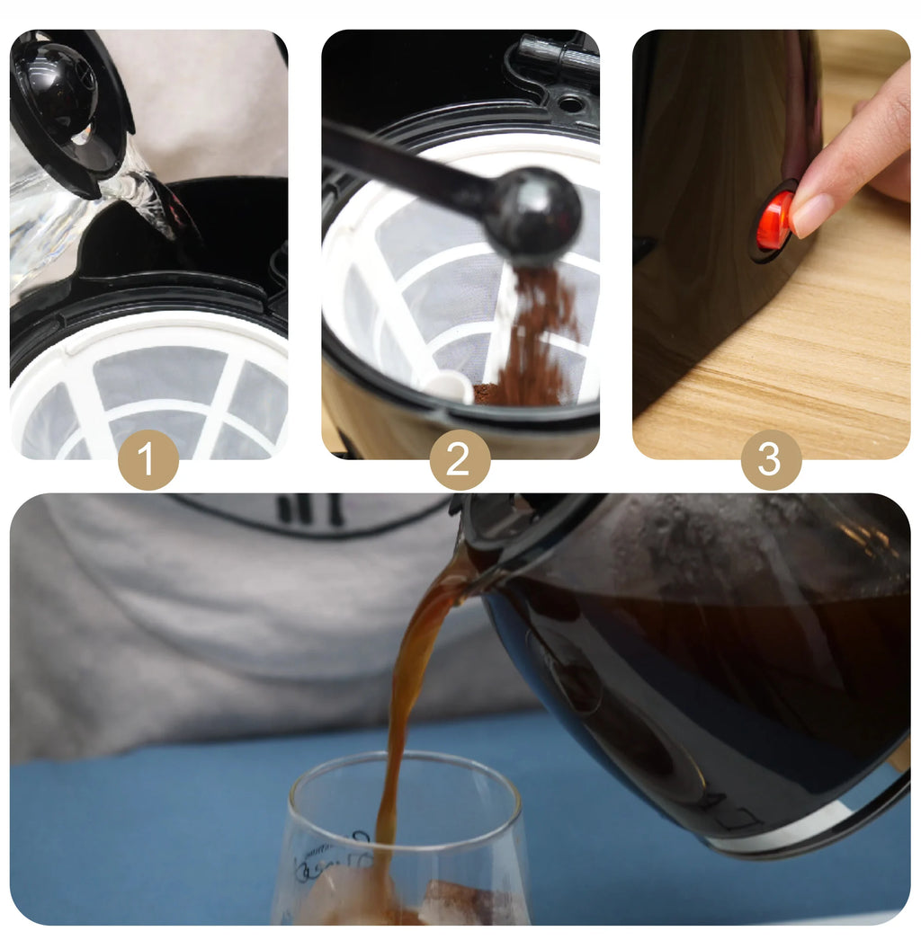 Black plastic drip coffee maker with glass carafe showing water fill, scoop, power switch, and pouring process.