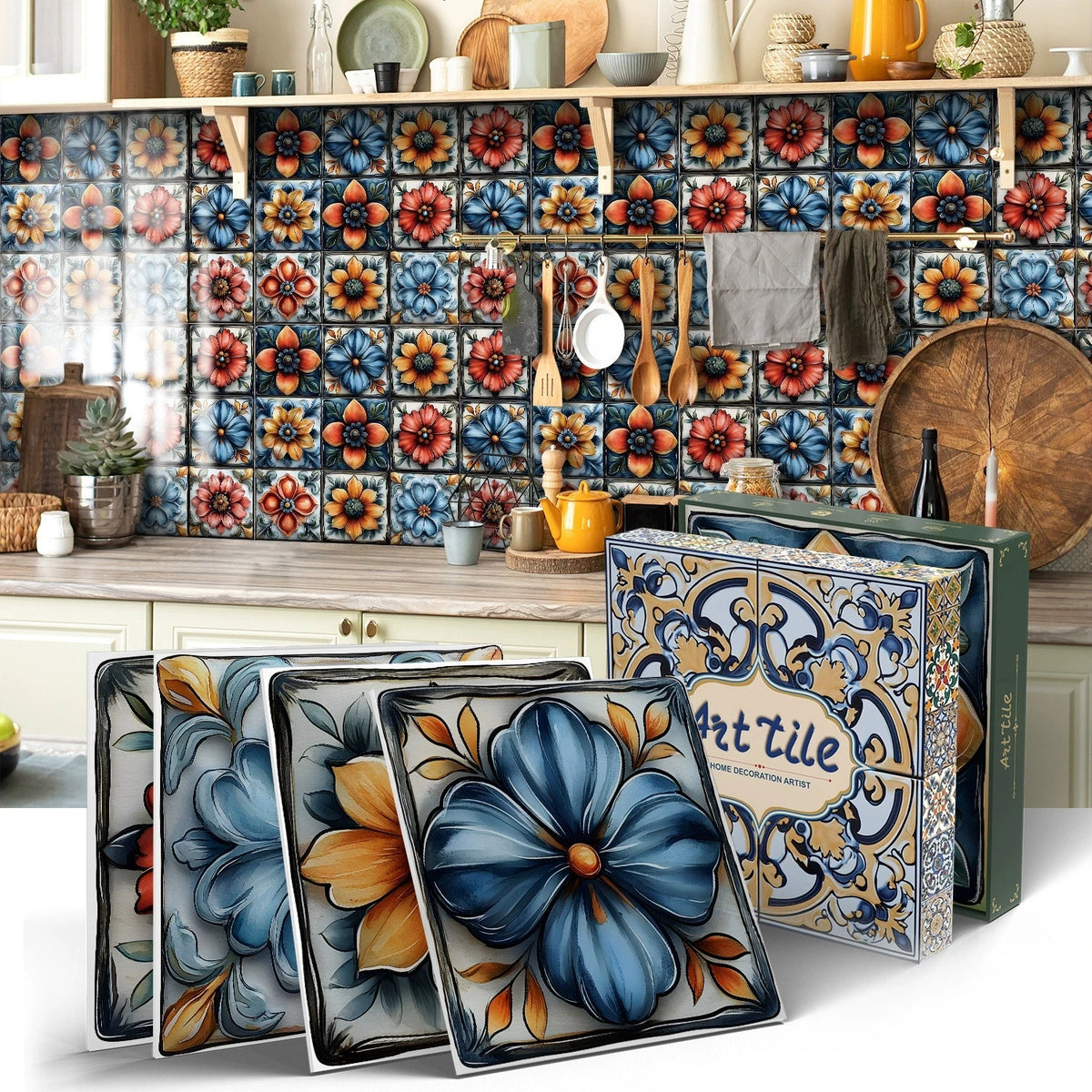 Peel-and-stick mosaic tile sticker sheets with light blue background and large blue flower artwork