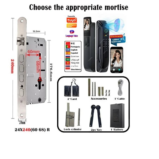 6068,5572,6072,6085 Mortise Lock Tuya Wifi App Camera Smart Digital Lock With Fingerprint Face Key Card Rfid