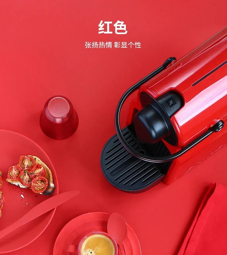 Bright red Nespresso capsule coffee machine with black handle on a matching red background with breakfast setting.