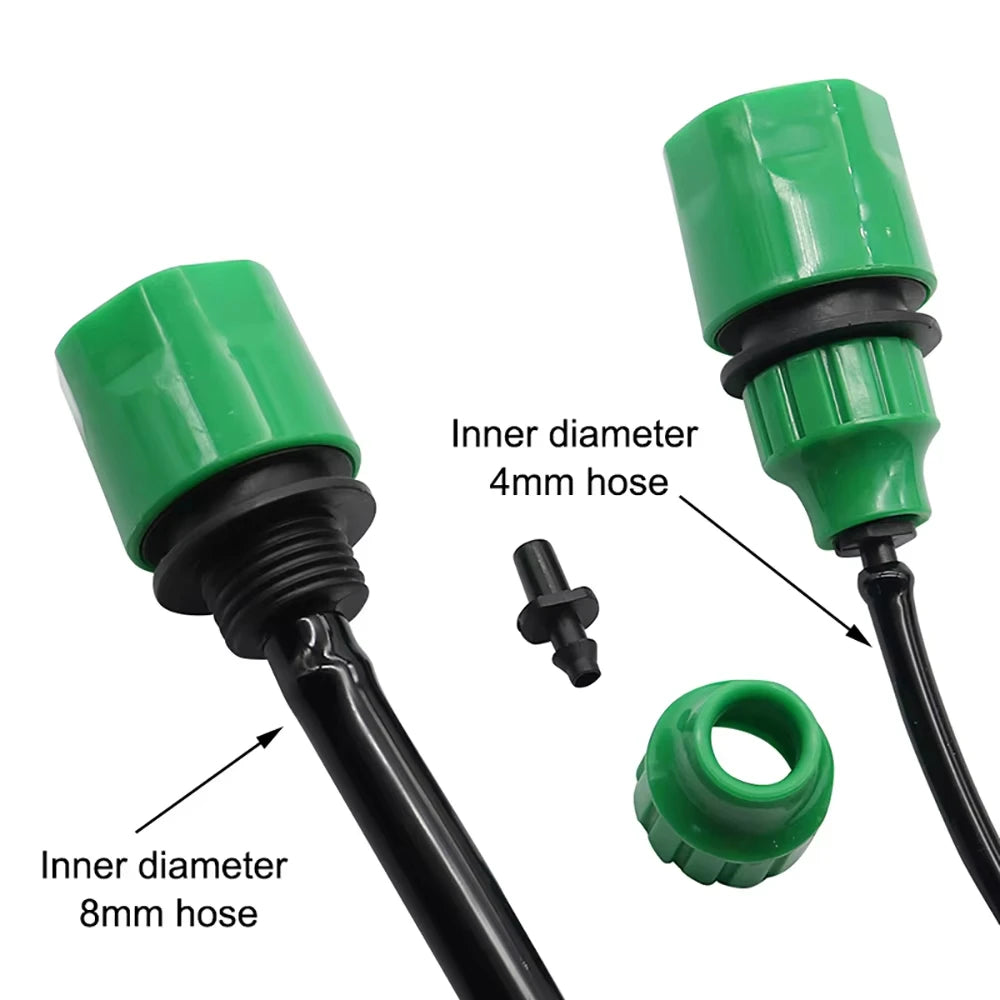 Green quick coupling adapters showing barbed connectors for 4mm and 8mm inner hose diameters