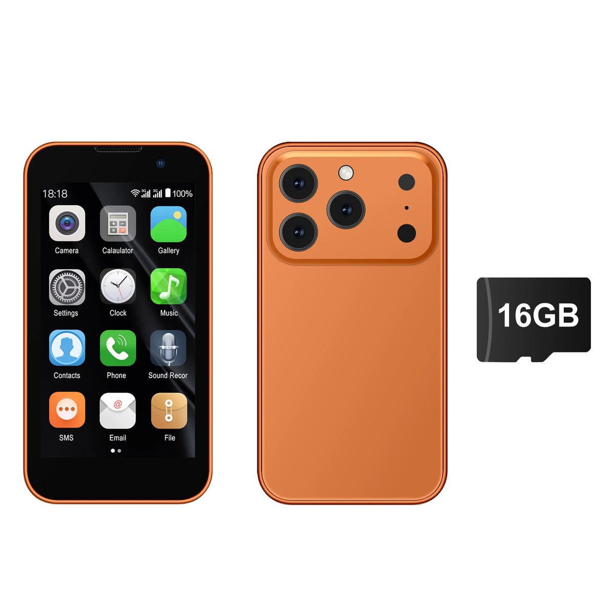 Orange mini smartphone with front display, back view, and 16GB memory card label