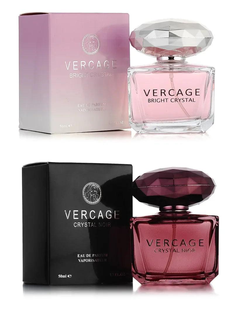 50ml Vercage Bright Crystal and Crystal Noir perfume sets in glass bottles with faceted crystal caps and gift boxes.