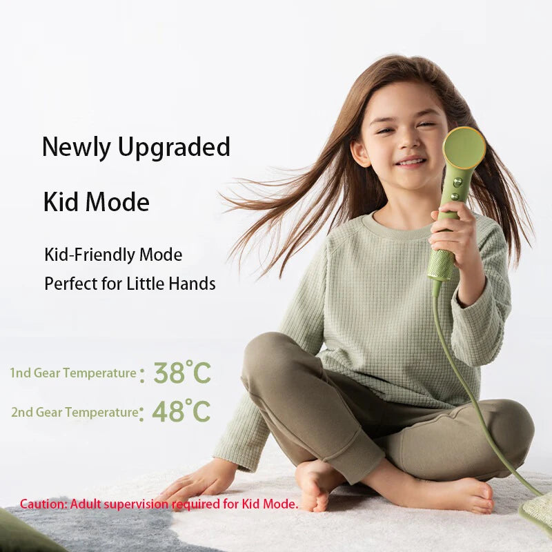 Laifen Mini green high-speed hair dryer with kid mode, 299g portable design, ideal for children and home use.