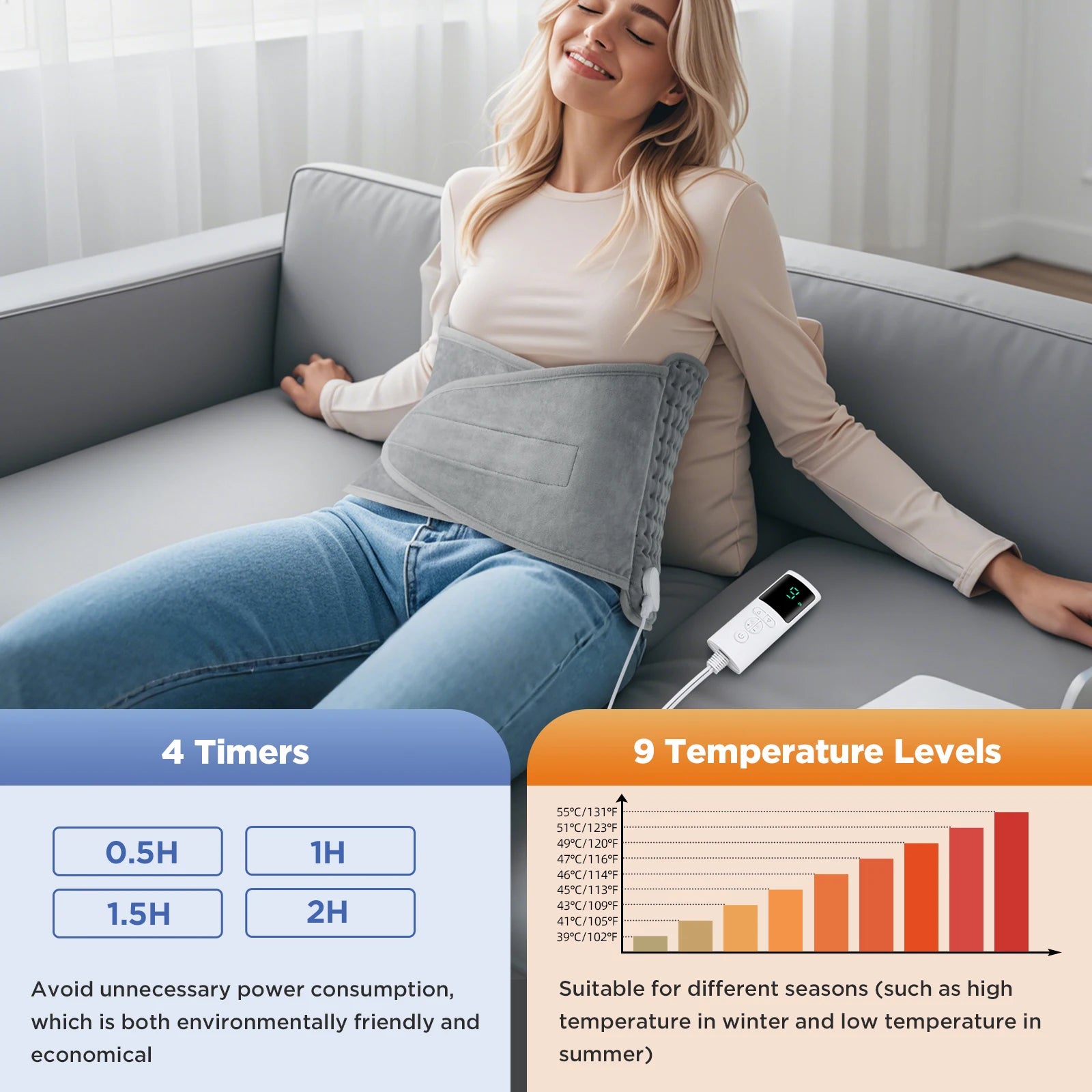 Electric Heating Pad for Back Pain Relief, 9-Heat Levels by Tidesmit Massage Cushion Tidesmit
