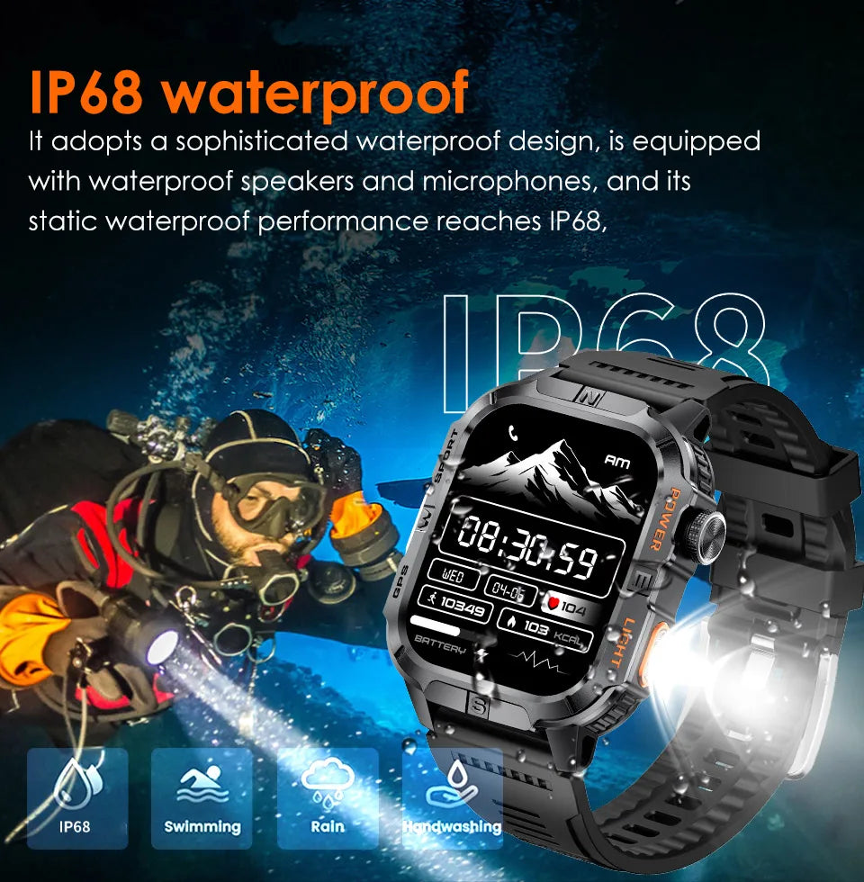 2026New Outdoor Military Men's Smartwatch, Equipped With GPS LED Lighting, Compass, Wireless Communication IP68 Waterproof Watch