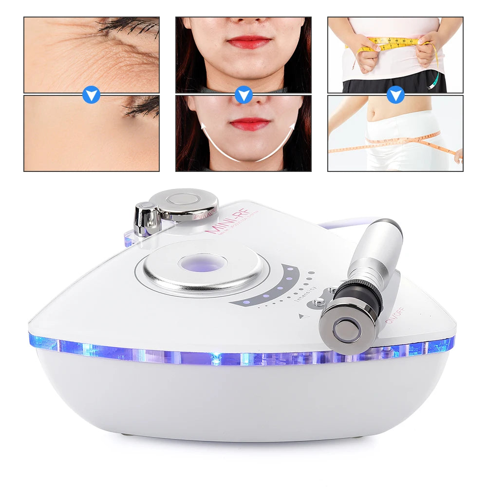 White triangular 3-in-1 RF skin lifting device with metal probes, intensity settings, and blue LED light base.