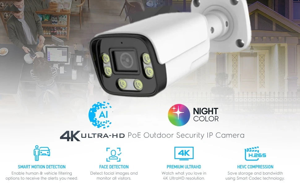 8MP Outdoor Security POE Camera AI 98ft NightColor IP Camera with Face/Human Detection H.265+ Video Surveillance Two-way Audio