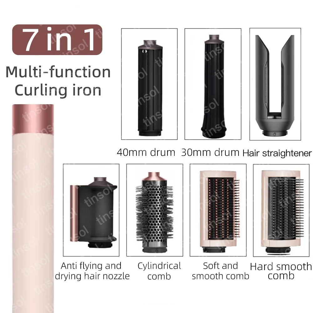 7-in-1 high-speed hair dryer set with rose gold base, styling attachments, curling barrels, and brushes for hair care.