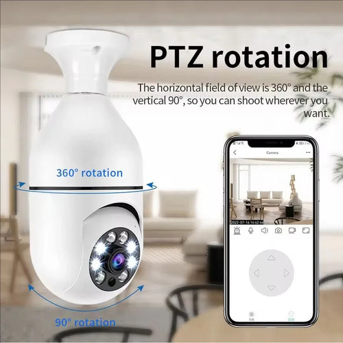 White PTZ bulb-style WiFi security camera with rotating lens and black sensor panel