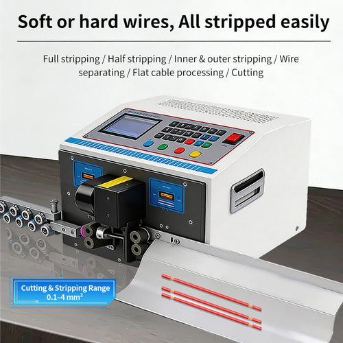 0.1-4mm² Computer Wire Stripping Machine Adjstable Cutting Length Cable Stripper LED Screen 110V 220V 32bit Smart Control System