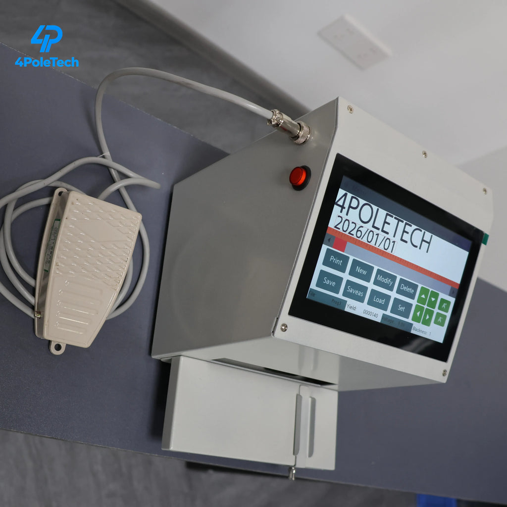 Desktop inkjet coding printer with touchscreen display, red power button, and cable
